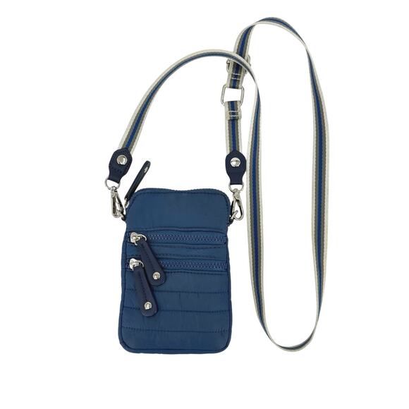 Sondra Roberts Squared Blue Puffer Crossbody Bag Phone Purse Striped Strap - Picture 1 of 7